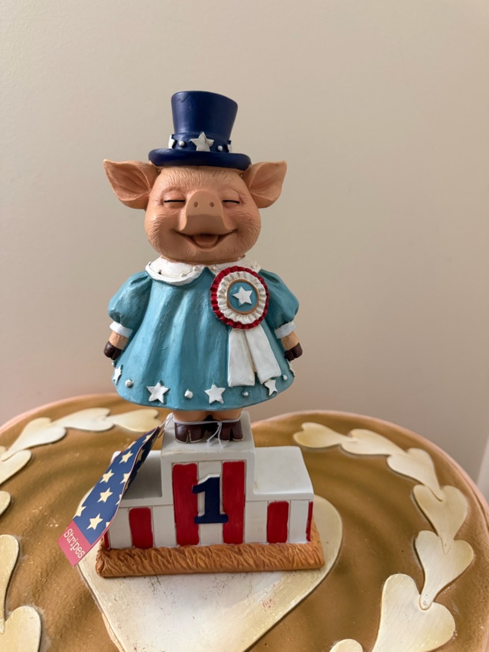 Stars & Stripes 4th of July Resin Patriotic Pig on Podium with Winners Ribbon